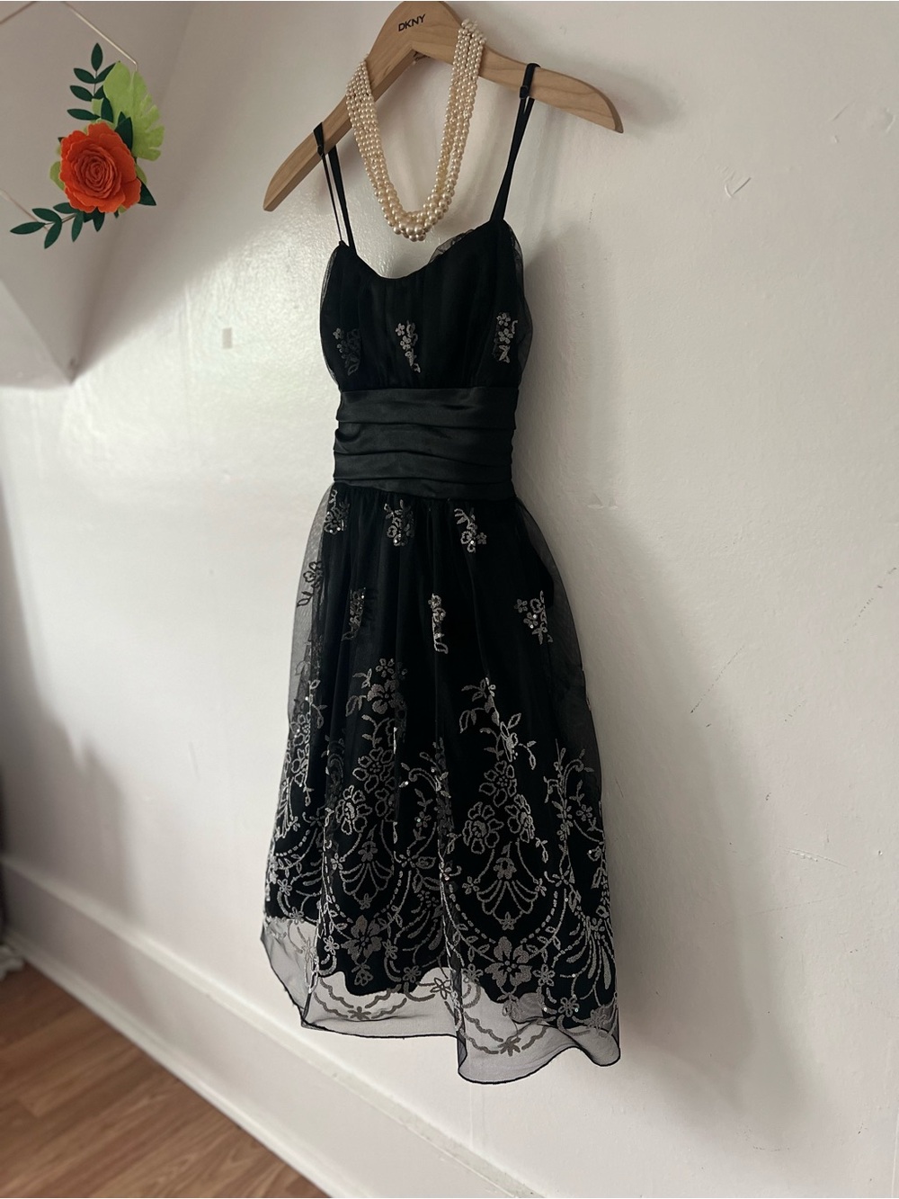 EUC Trixxi Formal Black Satin Dress with beading and Wide Sash tulle sz 5